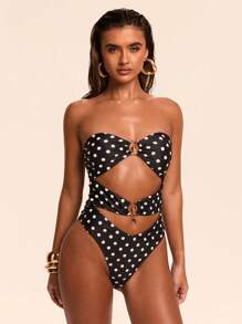 SHEIN BAE Women's Swimsuit With Golden Buckle, Black & White Polka Dot Print, Halter Design, One-Piece Swimwear For Summer Vacation, Party, Elegant & Sexy/Polka Dot/High Waisted Bikini/Tummy Control Swimsuit - Black and White - View 7