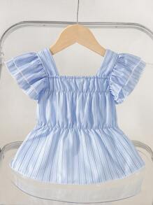 Fitted Top For Baby Girls With Striped Square Neck, Flutter Sleeves, Buttons And Bowknot. New Product On The Market. It's Fashionable, Elegant, Cute, Sweet And Suitable For Daily Wear. - Blue - View 4