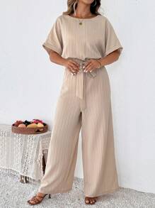 SHEIN Clasi Plus-size effen jumpsuit met korte mouwen, modieus, geschikt voor de zomer