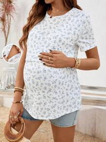 SHEIN 孕妇哺乳休闲碎花圆领短袖T恤，夏季