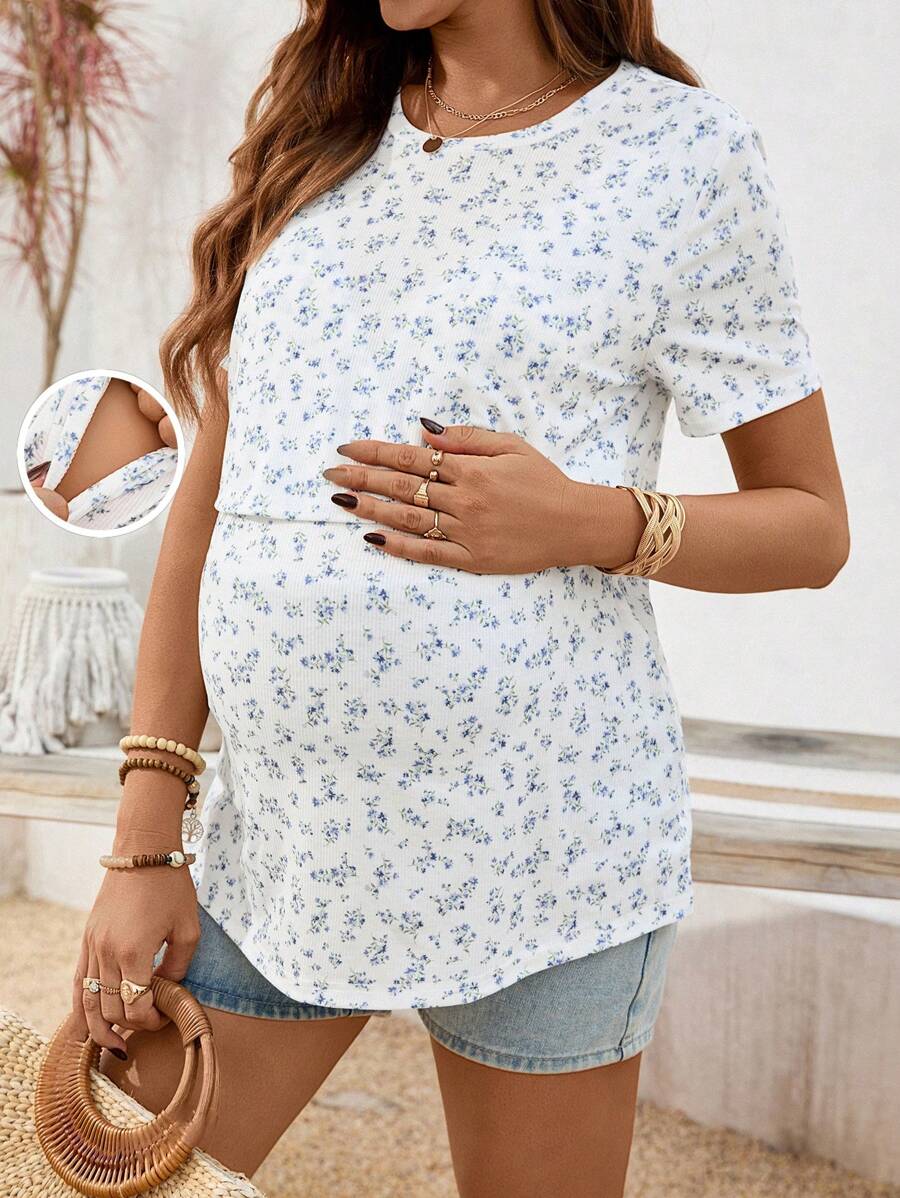 SHEIN 孕妇哺乳休闲碎花圆领短袖T恤，夏季