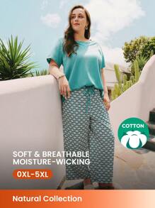 LUVLETTE Lsland StylePlus 柔软棉质蓝色度假短袖基本款亨利衫圆领上衣和印花裤家居服透气睡衣套装裤子带口袋女士内衣外套