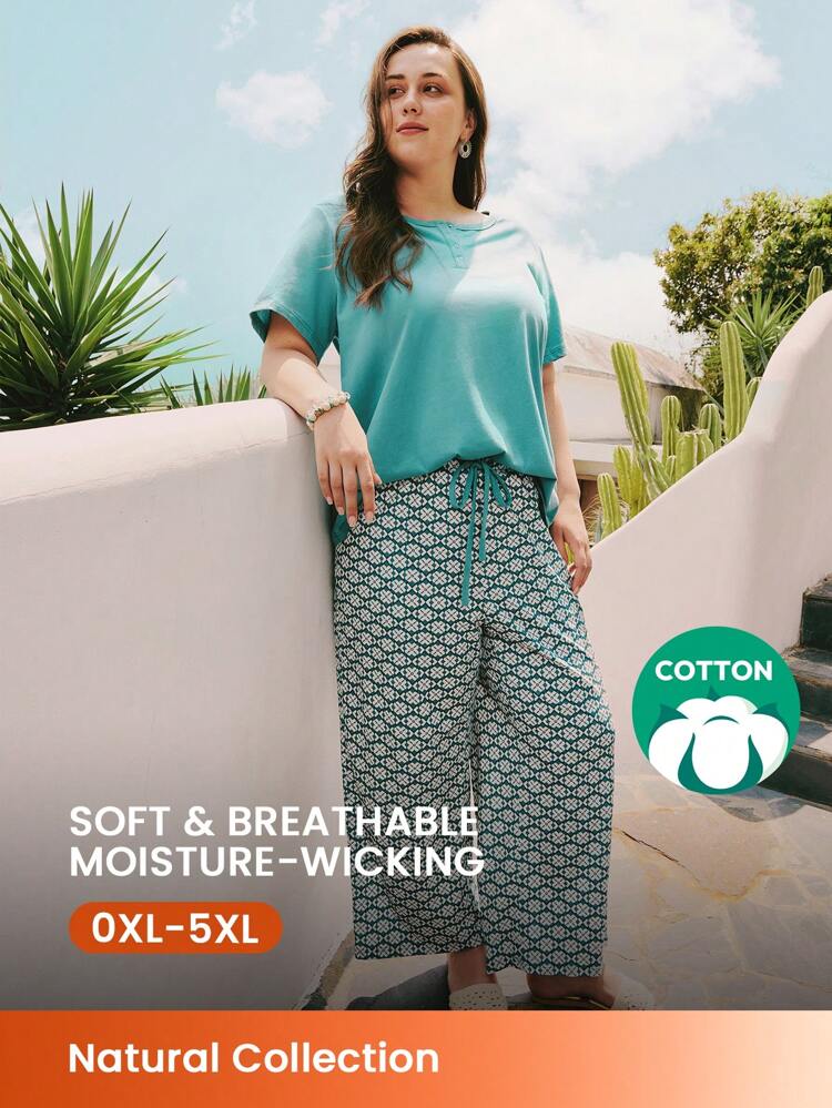 Plus Soft Cotton Short-Sleeve Basic Henley Crew Neck Top & Printed Pants Loungewear Pajama Set