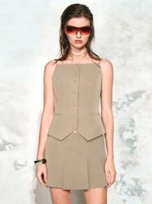 SHEIN LUNE 1 件女式无袖收腰休闲背心，轻盈夏季 - 卡其色 - 查看 5