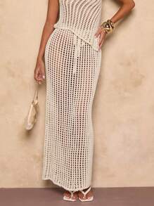 SHEIN BAE Solid Color Hollow-Out Knit Mini Skirt, Suitable For Beach Vacation - Mint Green - View 3