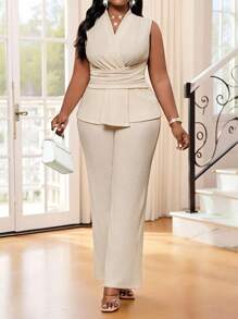 SHEIN Lady Spring And Summer Elegant Commuting Office Beige Knitted Textured Overlap Collar Ruffle Hem Long Bell Pants Sleeveless Plus Size Co-Ords Women Clothing Summer Two Pieces Summer Set Office Outfits For Women Summer Outfits For Women Summer Dresses For Women - Khaki - View 4