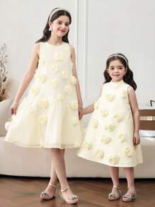 Elegantes ärmelloses Kleid mit 3D-Blumenmuster aus Organza-Patchwork in A-Linie für Tween-Mädchen - Aprikosenfarben - Übersicht 2