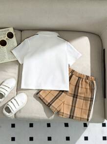 SHEIN 2 Stücke Baby Jungen/Mädchen Lässiges Preppy Karomuster Patchwork Poloshirt und khaki/schwarze karierte Shorts Set, geeignet für Geburtstags-Party, Taufe, 1. Geburtstagsfeier, Abendparty, Aufführung, Hochzeit und andere Anlässe