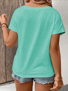 INAWLY Plus Size Women's V-Neck Short Sleeve Patchwork Cuff Casual Versatile T-Shirt, Spring/Summer - Green - View 2