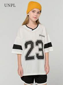 SHEIN Set de 2 bucăți pentru fete Elder Tween Girl, ocazional de zi cu zi, în stil sport în aer liber, set de pantaloni scurți cu mânecă scurtă, vară