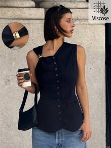 SHEIN Essnce Chaleco ajustado de unicolor con decoración de hebilla de metal y diseño asimétrico