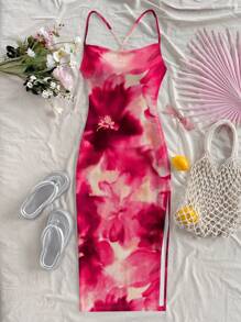 Soleia 墨水花卉印花无袖紧身连衣裙，女士休闲夏季假日装 - 彩色 - 查看 4