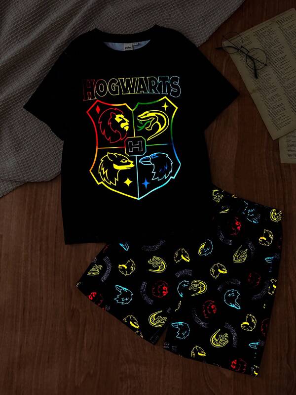 HARRY POTTER X SHEIN Conjunto de pijama para niño preadolescente con Top de cuello redondo de manga corta con estampado de letras y animales y shorts
