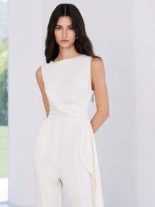 LYSMO 2025 New Spring/Summer Women Waist Ruffle Jumpsuit With Peplum Ruffle Design, Simple Commute & Office Outfit - Beige - View 7