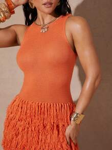 Silquee Women's Summer Fashion Solid Color Tassel Hem Knit Dress - Orange - View 3