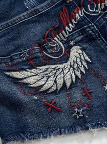 ROMWE Hippie Y2K Cross & Wing Embroidered Vintage Style Low Waist Denim Shorts - Blue - View 3