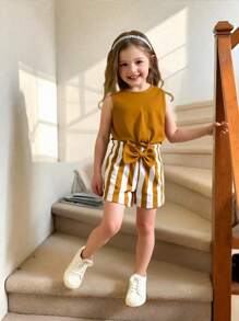 Elladie kids 2pcs/Set Young Girls Casual Sleeveless Top & Striped Shorts, 3D Bow Design - Multicolor - View 1