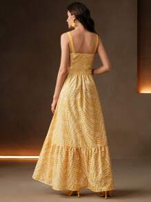 Anewsta Elegante abito lungo a vita alta con volant, ricamato e con taglio a giorno, color giallo chiaro, adatto per la spiaggia e le vacanze