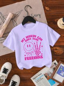 Young Girl' Casual Comfortable Fashion Cute Raccoon & Slogan Print Short Sleeve T-Shirt, Spring/Summer