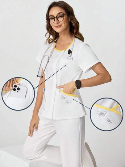 TaskEZ 夏季手术服套装：短袖上衣（撞色饰边、多个口袋）和裤子