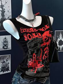 Muchica 黑色字母和图案印花无袖休闲女式 T 恤 - 黑色 - 查看 3