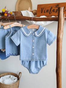 SHEIN Vintaside Kids Conjunto de top de denim de manga corta y parte inferior triangular casual de verano para niña, adecuado para uso casual en el hogar, actividades al aire libre y vacaciones