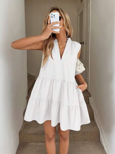 Easowa Women's Casual Vacation Elegant Short Dress With Stand Collar, Sleeveless, Patch Pockets, Layered Hem, A-Line,Sun Dresses For Women White Dresses For Women