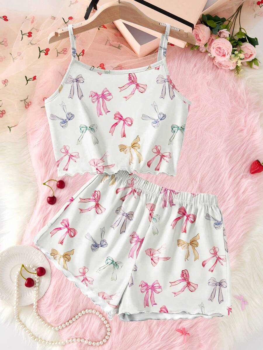 SHEIN Leap Crew Young Girls' Bow Decor Casual Minimalist Camisole Top & Shorts Loungewear Set, Suitable For Summer - Multicolor - View 1