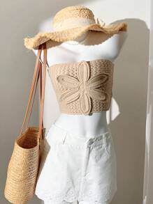 Comfortcana Women's Summer Vacation Crochet Floral Accent Cropped Knitted Top - Apricot - View 6