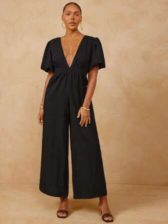 L'Amorae 女式前深V领夏季度假泡泡袖亚麻连体裤