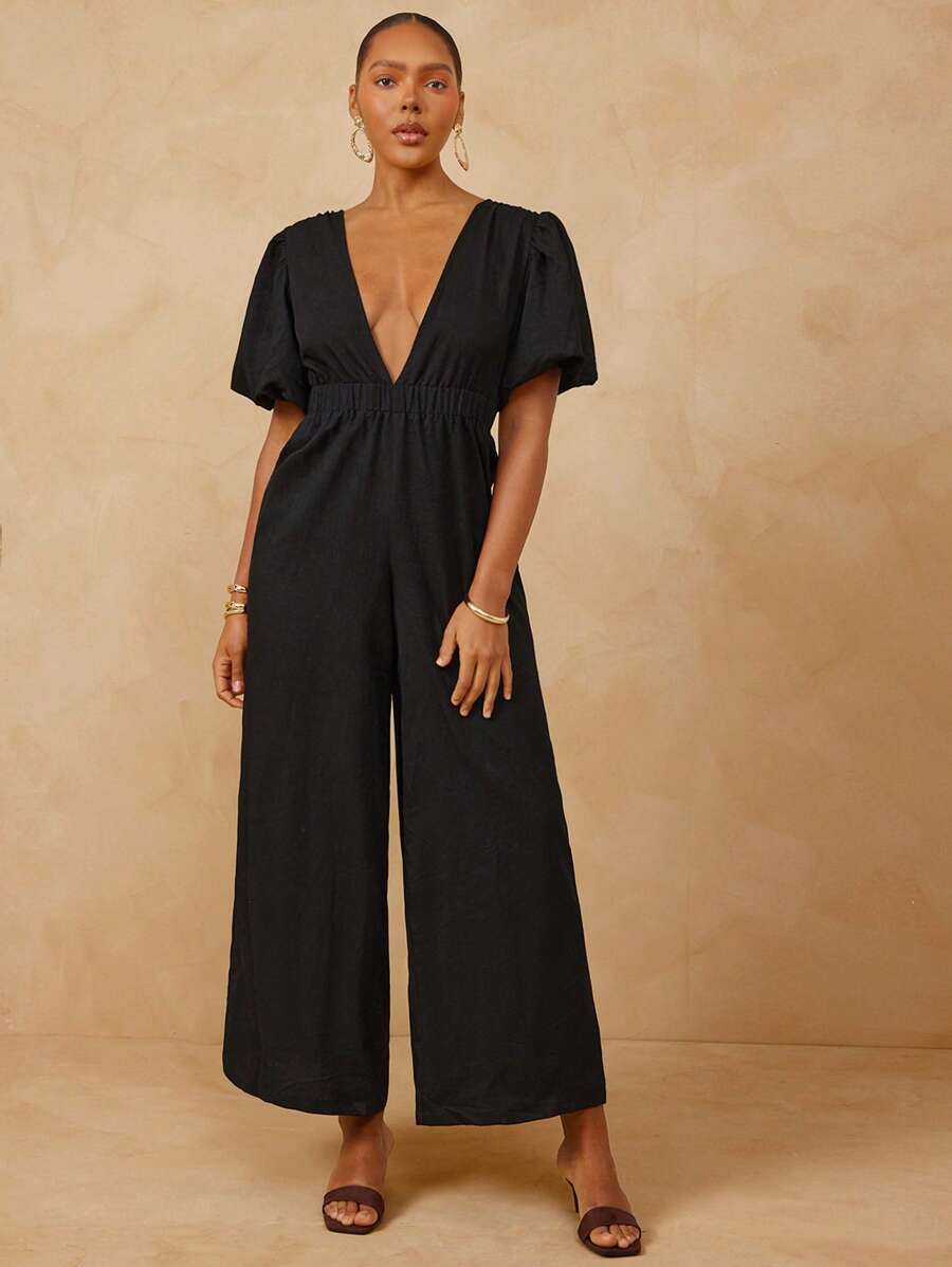L'Amorae 女式前深V领夏季度假泡泡袖亚麻连体裤 - 黑色 - 查看 1