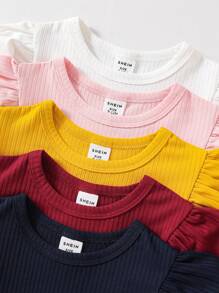 5pcs/Set Round Neck Ruched Cap Sleeve Bodysuits, Bodycon Fit, Multi-Color - Multicolor - View 3