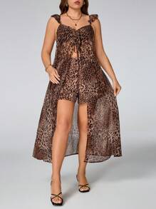 SHEIN Holidaya 2pcs Plus Size Women Holiday Style Cap Sleeve Leopard Print Chiffon Long Cami Top & Leopard Print Fitted Shorts Set