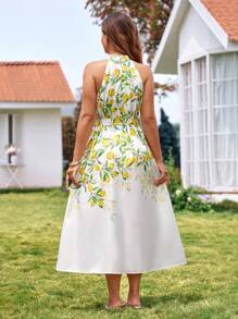 KURAYIA 2025 Summer Lemon Print Pattern Sleeveless Tie Waist A-Line Romantic Holiday Plus Size Dress - Multicolor - View 4