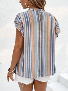 Flirla Plus Size Colorful Striped Small Stand Collar Frill Sleeve Blouse For Women - Multicolor - View 2