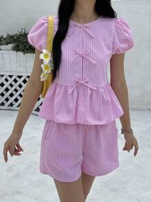 2件套青少年女孩休闲舒适圆领泡泡袖蝴蝶结衬衫和短裤套装 - 粉色 - 查看 1