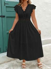 SHEIN Clasi 大码女式蕾丝拼接长裙，松紧腰身和喇叭下摆，春夏 - 黑色 - 查看 5