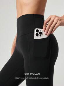 GLOWMODE 24'' FeatherFit™-Sculpt No Front Seam Tummy Control Butt-Lifting Active Leggings With Side Pockets Medium Impact Running Jogging Training Gym Workout - Black - View 5