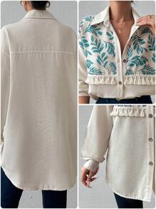 EURMUSE 100%Cotton Open Placket Blouse With Tassels And Tribe Print - Green - View 7