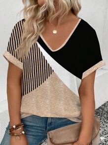 SHEIN EMERY ROSE CURVE Neue Damen Große Größen bedrucktes Splicing V-Ausschnitt locker sitzende Kurzarm T-Shirt