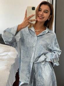 Livesso Conjunto informal de 2 piezas de camisa de manga larga y pantalones de pierna ancha con estampado de leopardo para mujer, para primavera/verano