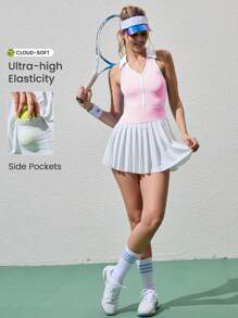 CourtClass 女士瑜伽服套装，包括无袖合身性感 Polo 领工字背健身休闲百褶裙，带口袋和短裤下装，适合户外、休闲通勤和运动穿着 - 粉色 - 查看 1