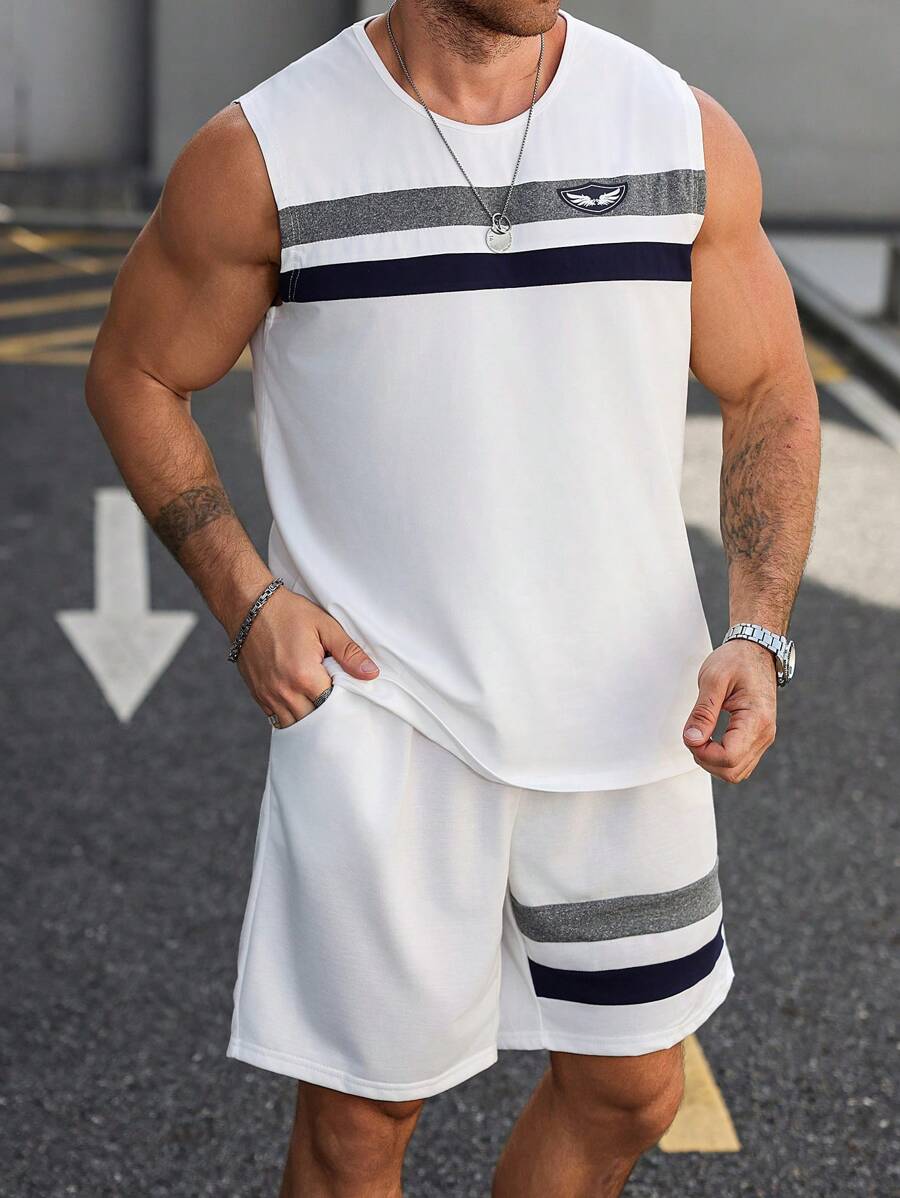 Manfinity Homme Plus Size Men's Summer Casual Contrast Color Round Neck Tank Top And Shorts Set - Multicolor - View 1