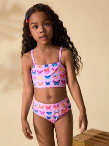 SHEIN 2 Stücke Kleine Mädchen Schmetterlingsmuster Triangel Bikini Set mit Spaghettiträger-Oberteil und Bikinihose