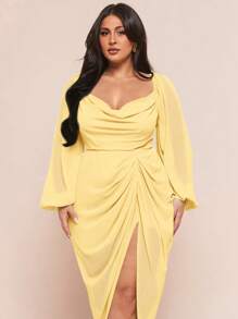 SHEIN BAE Plus Size Women's Elegant Party Date Sexy Glitter Sequins Draped Neck Ruched Asymmetrical Hem Slit Dress With Long Sleeve, Olive Green