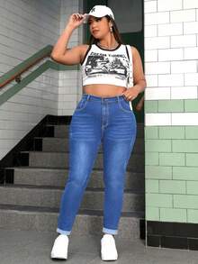 SHEIN CURVE+ Plus Size Stretch Denim Skinny Pants, Versatile - Blue - View 5