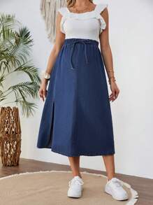 SHEIN Pregnant Women's Summer Casual Blue Denim Loose A-Line Split Skirt - Dark Wash - View 4