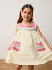 Maija Kids Maija Kids Young Girl Loose Casual Colorblock Patchwork Dress - Apricot - View 1
