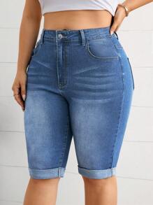 SHEIN Essnce Plus Size Fashionable Side Pocket Washed Rolled Hem Denim Shorts, Summer