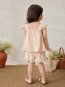 Blossori Baby Girl Countryside Floral Embroidered Ruffle Sleeve Top And Shorts Set - Khaki - View 5